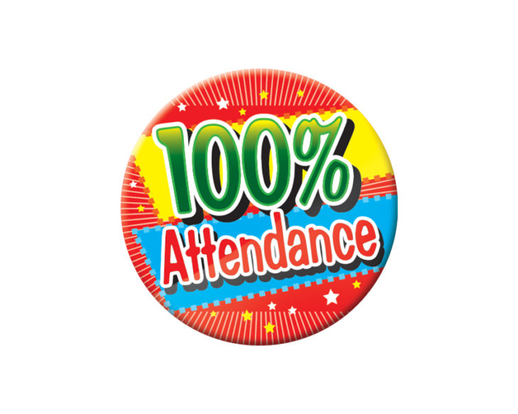 100% Attendance (Red) Button Badge - School Merit Stickers